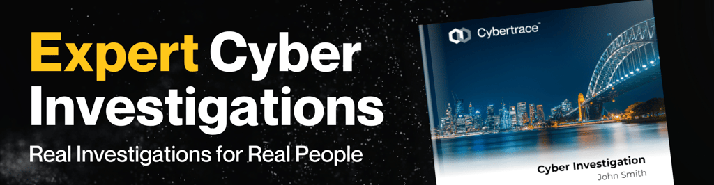 A sample report with an image of the Sydney Harbor Bridge, Australia at night sits in front of a starry night sky. The text reads Expert Cyber Online Investigation - Real Investigations for Real People.
