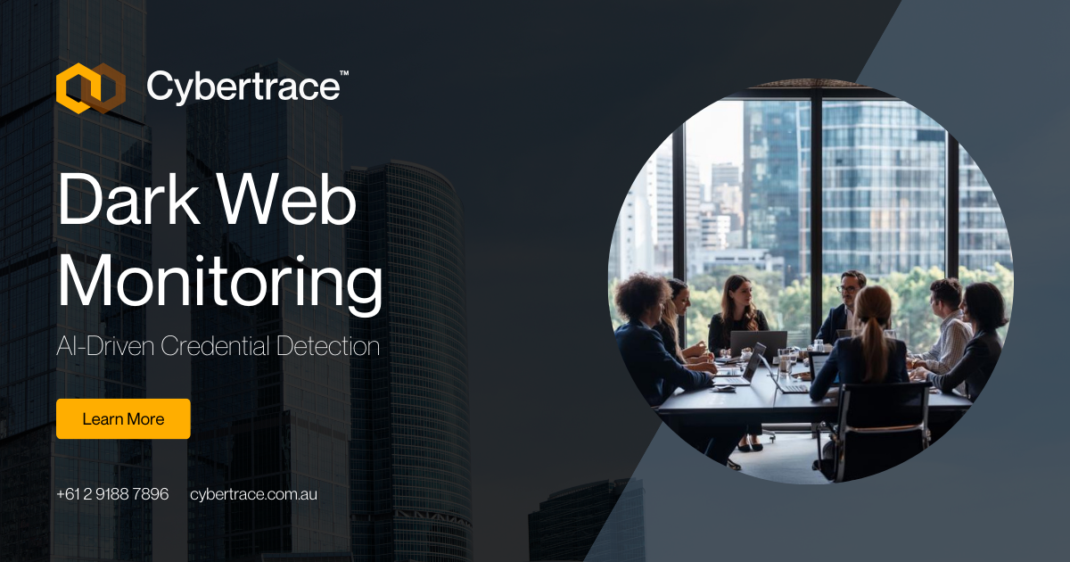 Dark Web Monitoring marketing banner by Cybertrace and powered by Darkivore. Cybertrace powered by Darkivore logo. Identify counterfeit, copyright and trademark breaches through the Darkivore aI-driven dark web monitoring services.