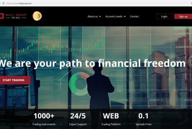 Screenshot of Milli Group website showing a man in a building looking out the window with candlestick graphs superimposed over the top.