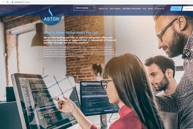 Screenshot of the Aston Global Alpha scam website showing three people in an office looking at a computer screen
