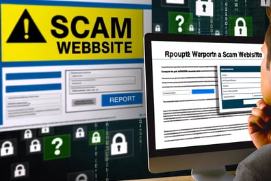 An attentive individual reports a suspicious website using Cybertrace's ScamID reporting form on a digital device, surrounded by cybersecurity icons such as padlocks, shields, and digital code, highlighting the vigilance against online scams and higher levels of digital literacy.