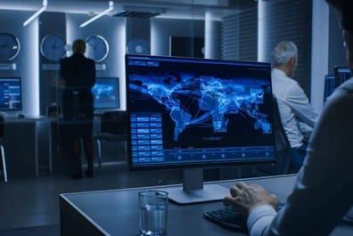 an over the shoulder of a man on a computer with a futuristic cyber world map on the screen.
