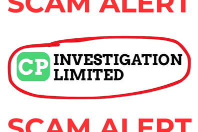 The logo for "CP Investigation Limited" circled in red with the text: "Scam Alert"