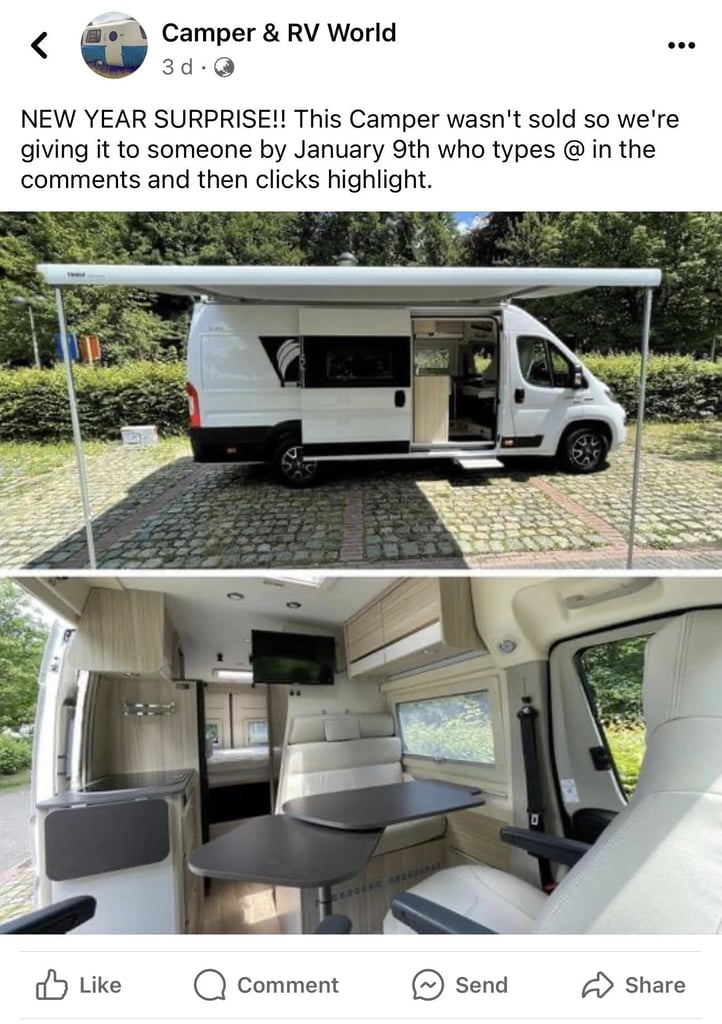 Screenshot of one of the Facebook posts behind Camper Van Giveaway Scam showing the camper van inside and out. 