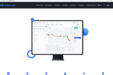 Capture d'écran du site Web frauduleux CFD Advanced montrant un écran d'ordinateur avec des graphiques
