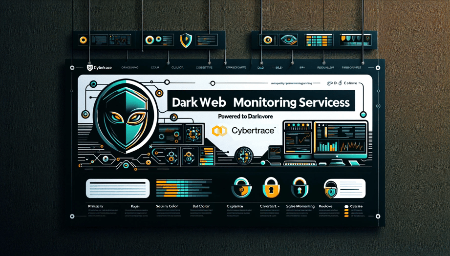 Ad for Dark Web with graphics and digital interfaces. Cybertrace powered by Darkivore logo. Identify counterfeit, copyright and trademark breaches through the Darkivore aI-driven dark web.