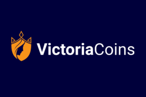 Text reading VictoriaCoins over a purple background with a symbol of a feminine face wearing a crown.