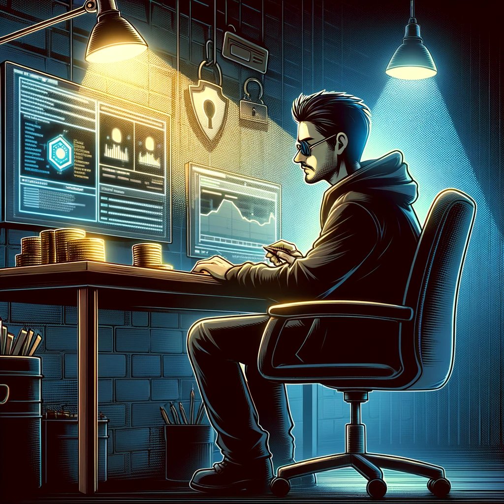 Ein Cartoon-Mann sitzt in einem Raum mit digitalen Bildschirmen an der Wand und Stapeln von Goldmünzen auf seinem Schreibtisch. Er verfolgt Kryptowährungstransaktionen. Die Wiederherstellung ist schwierig. 