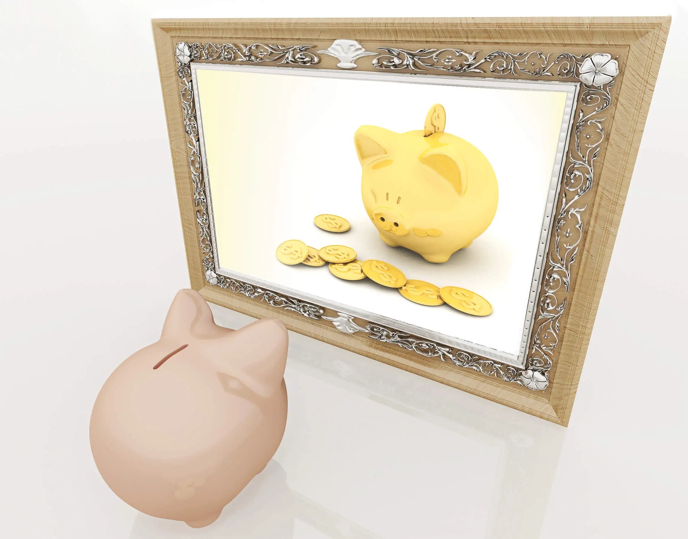 pink pig looking in mirror being scammed