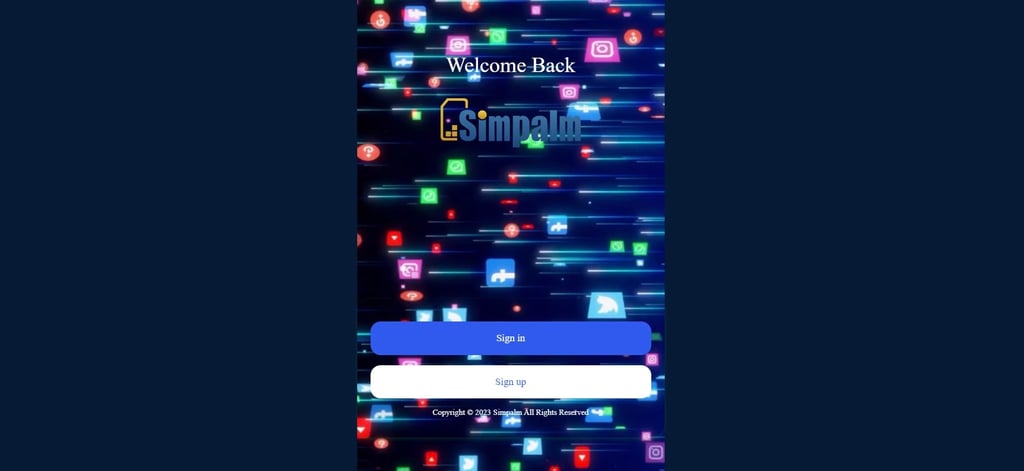 Screenshot of the Simpalm fraudulent App with the title Welcome Back and the Simpalm logo and Sign in and Sign up buttons
