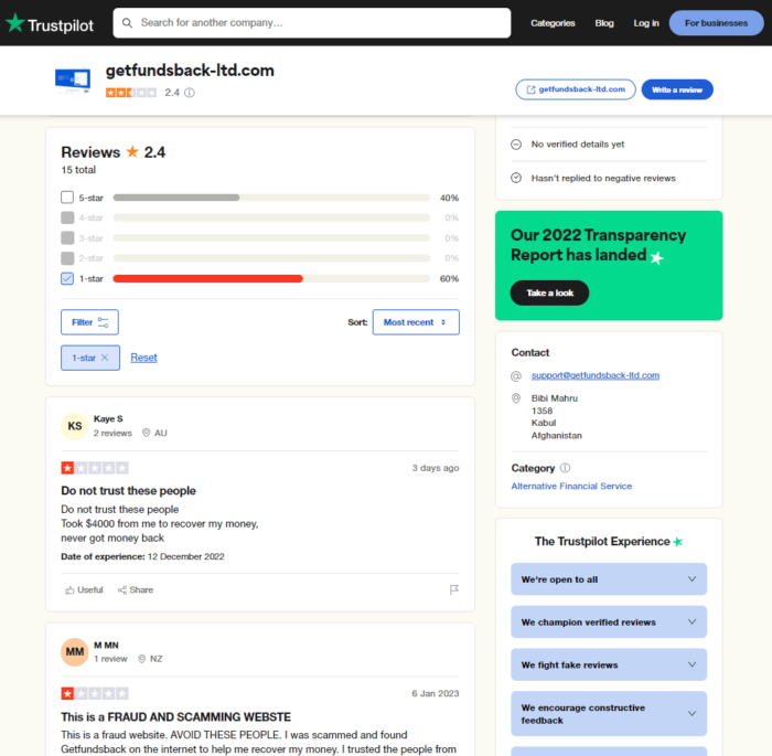 screenshot of negative trustpilot reviews for getfundsback-ltd.com