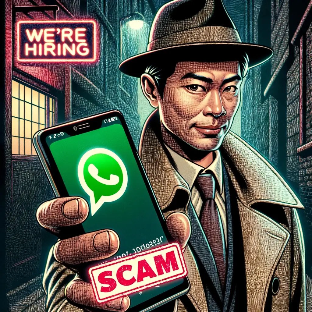 Man in a detective outfit holding smartphone displaying WhatsApp logo with a stamp across the screen, next to a neon sign that reads were hiring