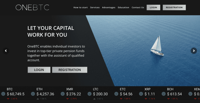 OneBTC website homepage o0f sailing boat in open ocean