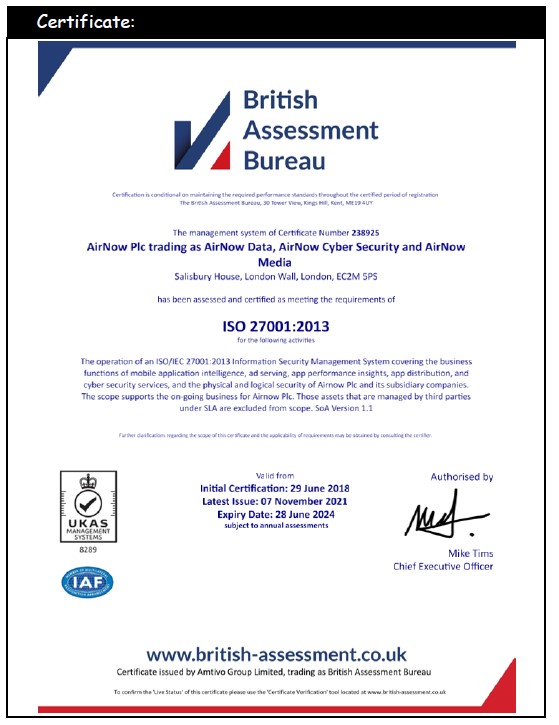 screenshot of British Assessment Bureau certificate