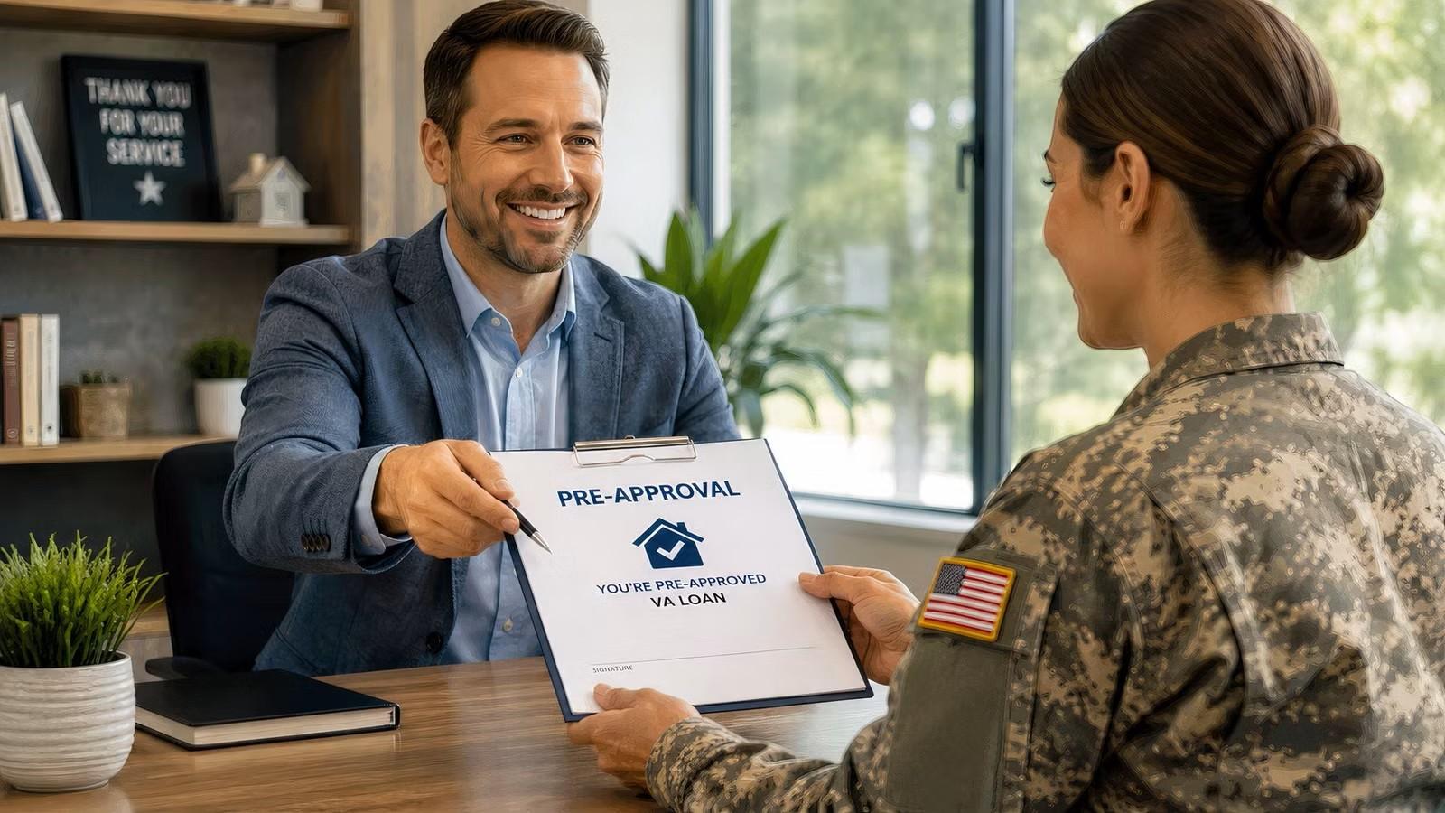 Loan officer reviewing a pre-approval summary with a service member
