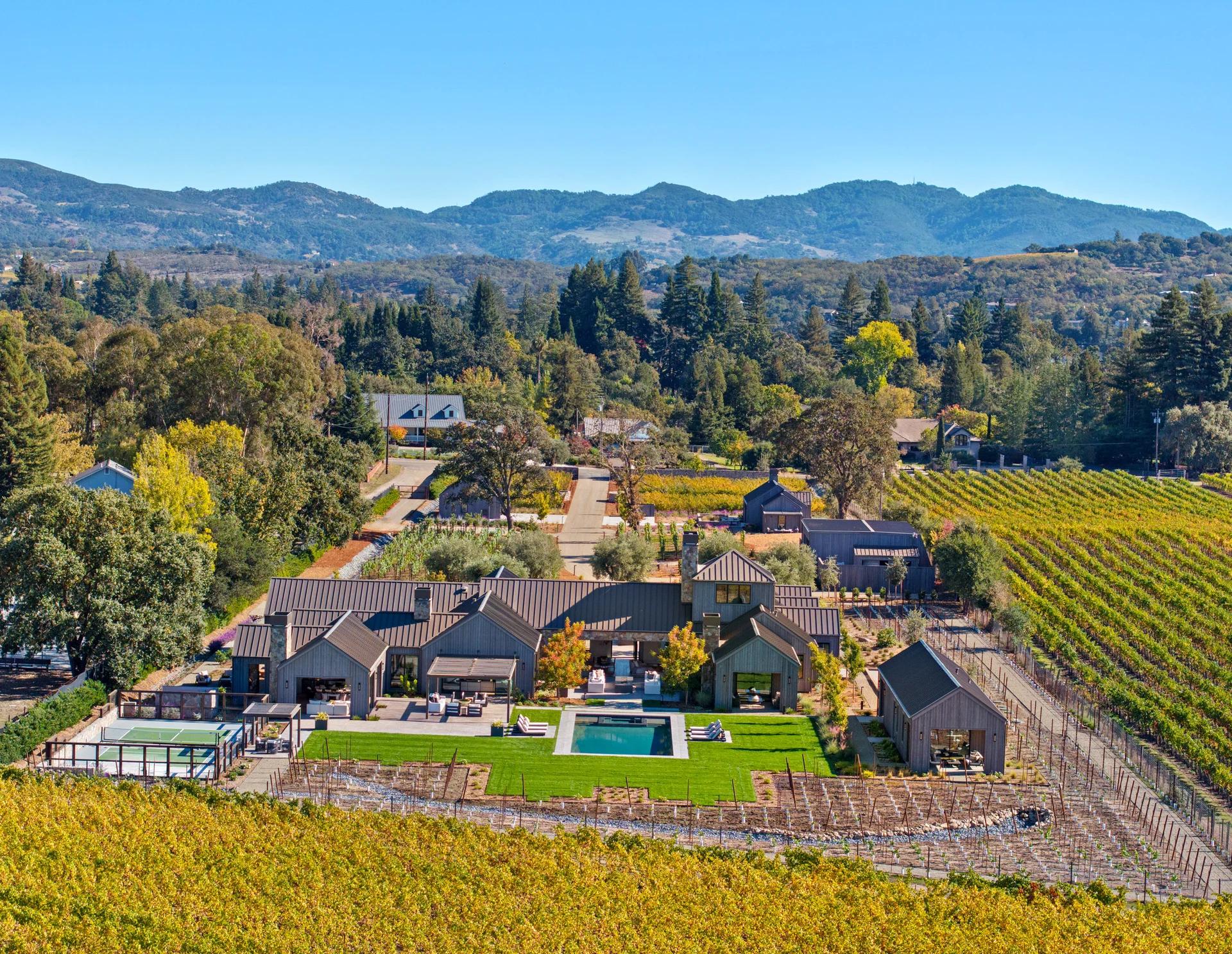 Aerial view of a contemporary estate surrounded by vineyards and mountains