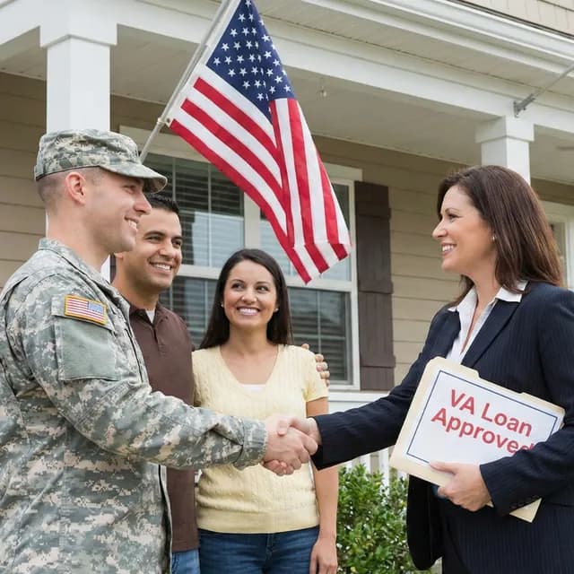 Veteran shaking hands with a loan officer outside a home