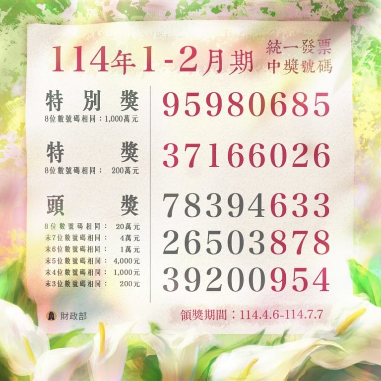 114年1~2月統一發票中獎號碼！