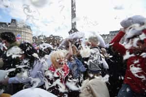 世界枕頭大戰開打！白色羽毛淹沒英國廣場