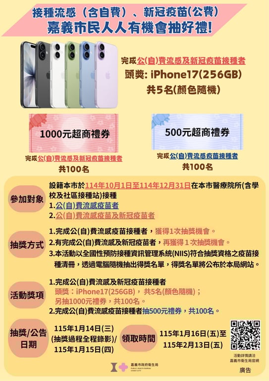 嘉義市12/6開設流感、新冠疫苗快打站　接種就送好禮