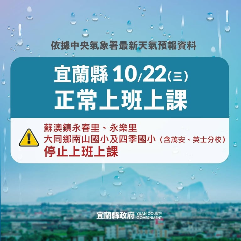 快訊/北北基桃宜蘭22日正常上班上課  部份地區及學校停班課