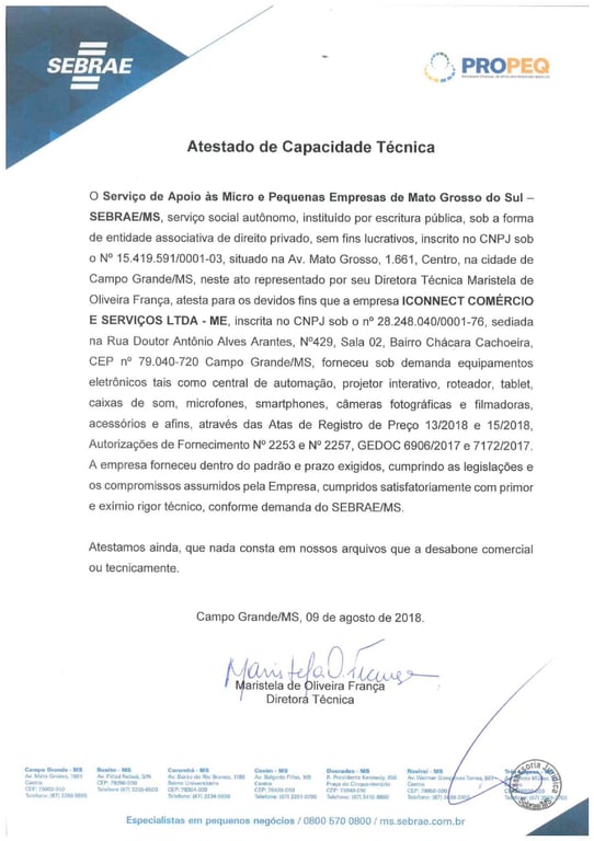 Atestado de Capacidade Técnica emitido pelo SEBRAE/MS à iConnect