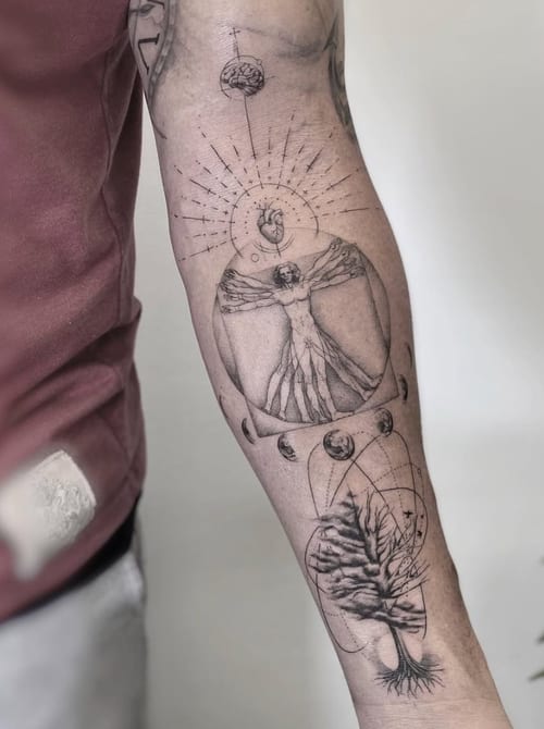 A black and grey geometric tattoo on the forearm featuring sacred geometry, a tree, and moon phases with intricate linework — by Jian Liang, los angeles