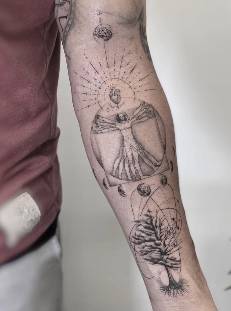 A black and grey geometric tattoo on the forearm featuring sacred geometry, a tree, and moon phases with intricate linework — by Jian Liang, los angeles