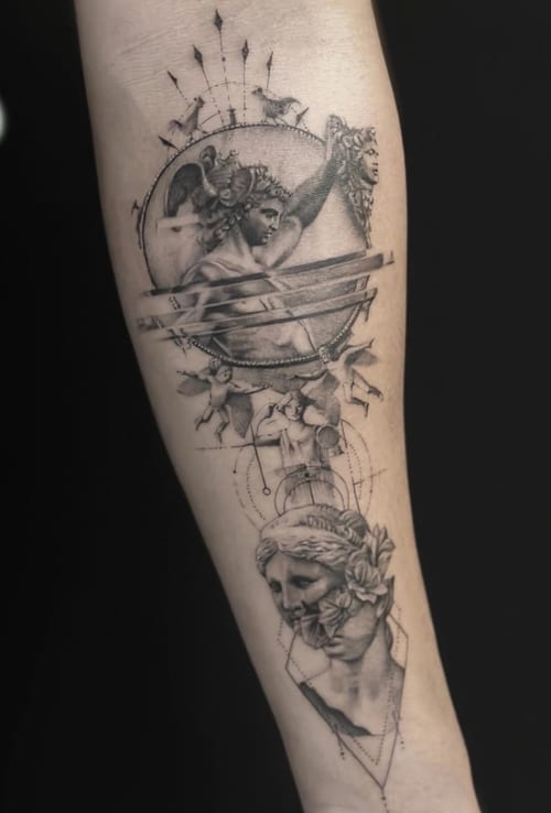 A black and grey fine line tattoo on the forearm depicting a realistic portrait of Apollo with mythological elements and intricate details — by Jian Liang, los angeles