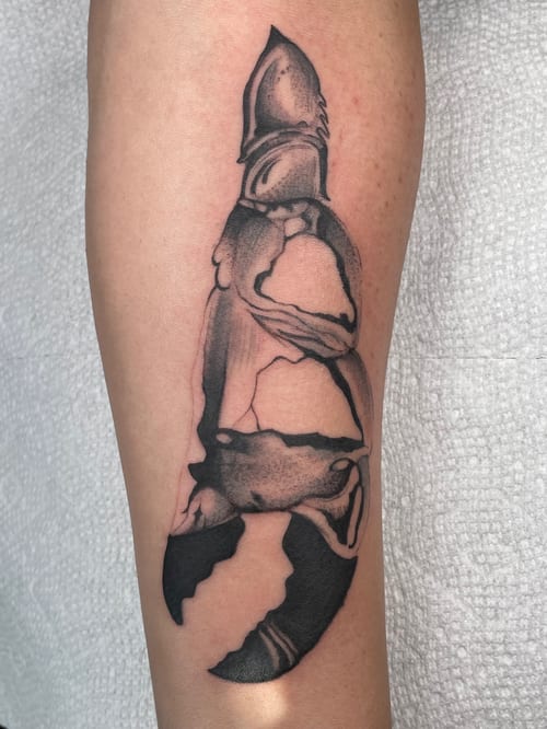 blackwork lobster claw tattoo — by Vince Espinoza, los angeles