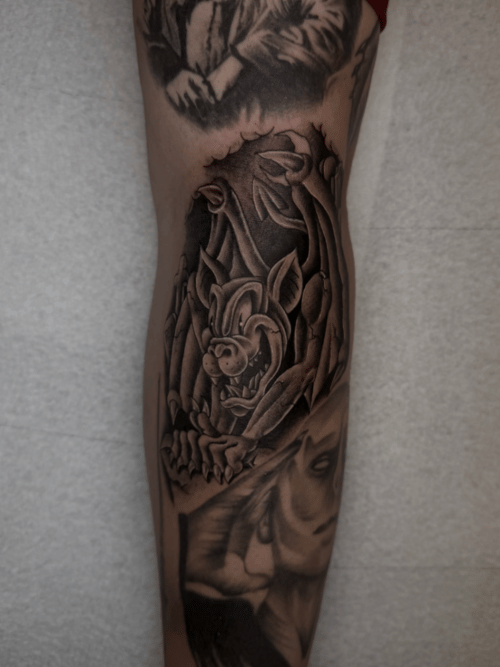 black & grey wolf tattoo — by Engram, los angeles