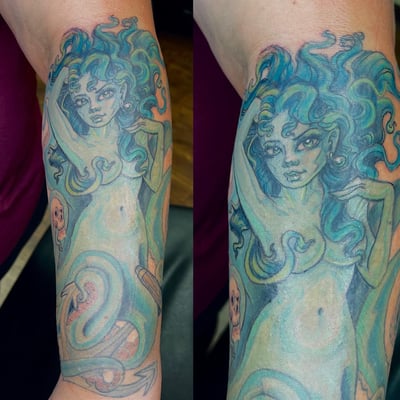 A colorful illustrative tattoo of a mythological woman with flowing hair and a snake on the forearm, featuring whimsical and ornate details — by Sandra Price, los angeles