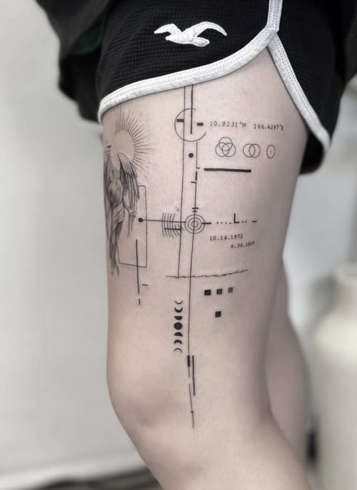 A fine line geometric tattoo on the thigh featuring an angel and celestial elements with precise line work and minimalistic design — by Jian Liang, los angeles
