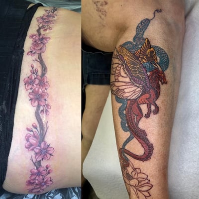 A colorful tattoo featuring cherry blossoms on the hip and a dragon with a snake on the arm, showcasing Japanese and illustrative styles — by Sandra Price, los angeles