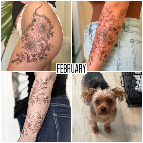 A series of black and grey floral tattoos on different body parts, including thigh and forearm, featuring intricate flower designs — by Melanie Benoit, los angeles