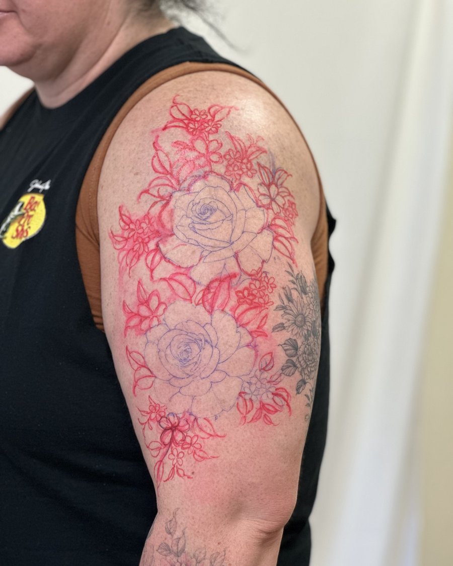 A delicate rose bouquet tattoo on the upper arm with mixed color and linework style — by Melanie Benoit, los angeles