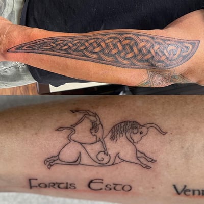 A bold black and grey Celtic knot design on the forearm with intricate linework and accompanying script — by Sandra Price, los angeles