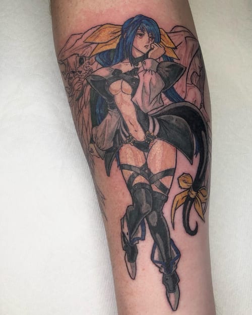 A colorful anime character tattoo on the forearm with bold outlines and graphic details — by Sandra Price, los angeles