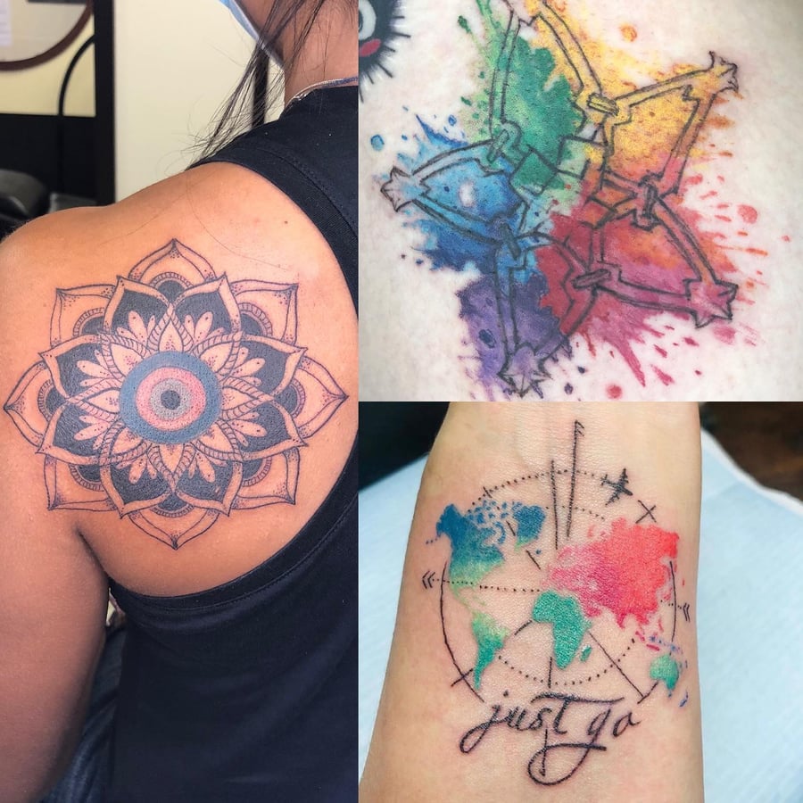 A collection of tattoos including a mandala on the shoulder, a watercolor map with compass design, and script lettering. The styles include mandala, watercolor, and geometric elements — by Sandra P…