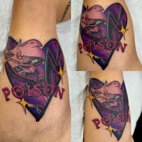 A bold and colorful cartoon character tattoo with the word 'Poison' on the arm, done in an illustrative new school style — by Sandra Price, los angeles