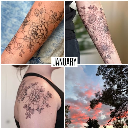 A series of black and grey floral tattoos with fine line detailing, featuring intricate flower designs on the arm and shoulder — by Melanie Benoit, los angeles
