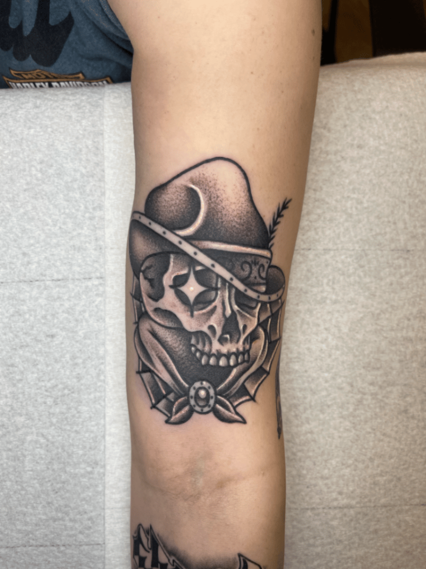 neo-traditional skull with hat tattoo — by Engram, los angeles