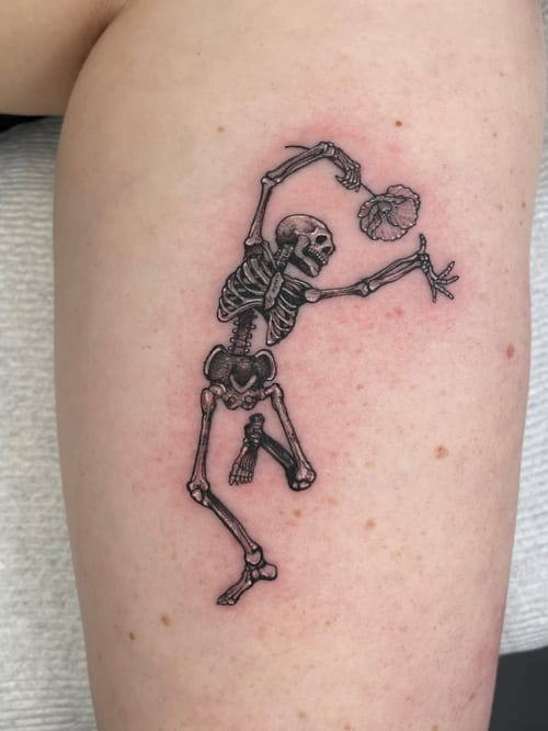 blackwork skeleton with flower tattoo — by Vince Espinoza, los angeles