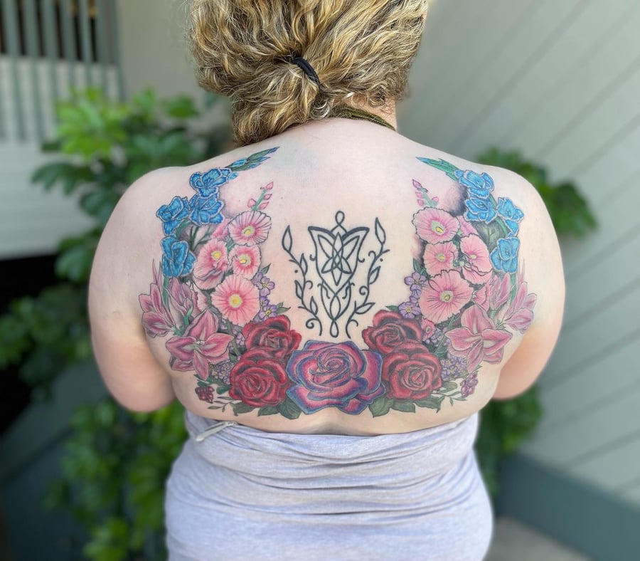 A colorful floral arrangement with roses and ornamental design on the back, featuring vibrant colors and intricate details — by Sandra Price, los angeles