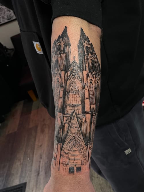 realism gothic cathedral tattoo — by Vince Espinoza, los angeles