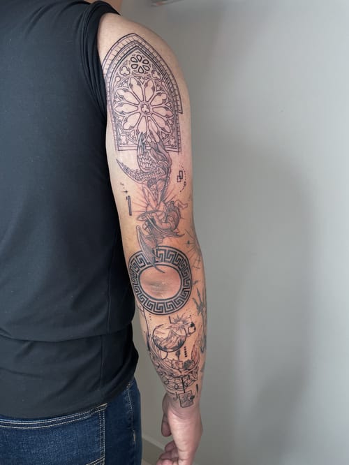 linework geometric design with floral elements tattoo — by Vince Espinoza, los angeles