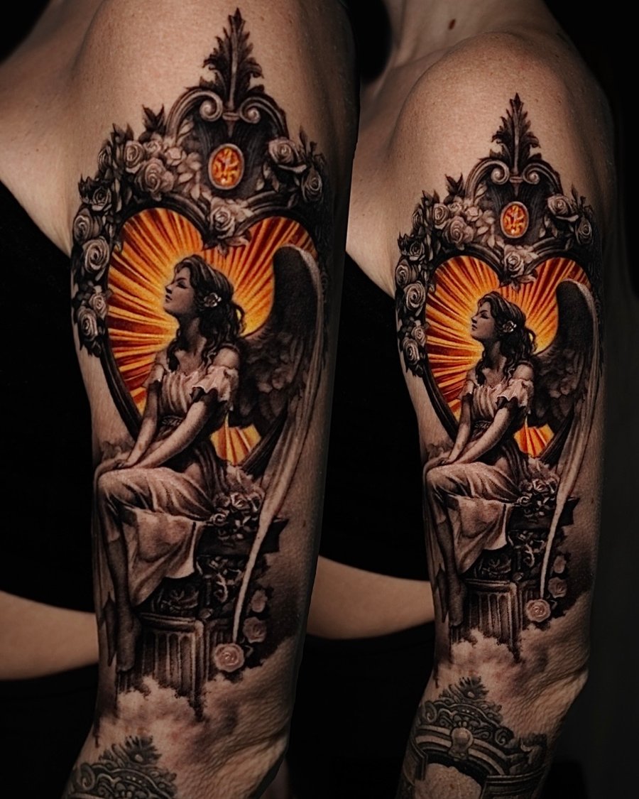 A realistic black and grey tattoo of an angel sitting on a column with roses, featuring ornate details and a vibrant orange background on the upper arm — by Vladimir Kozachenko, los angeles
