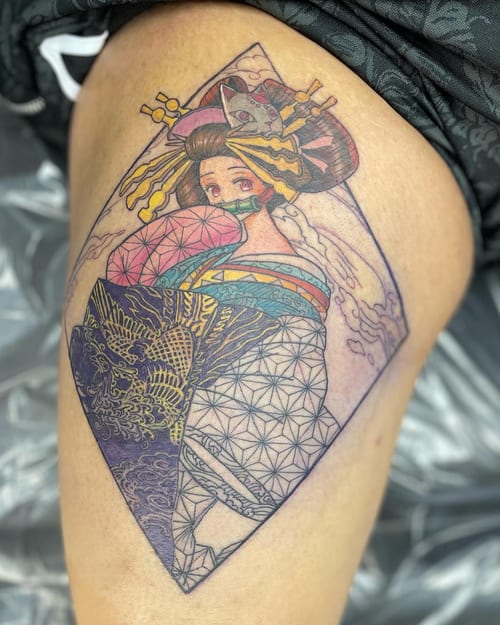 A colorful tattoo of a geisha with a fox mask on the thigh, featuring Japanese and geometric patterns in an anime style — by Sandra Price, los angeles