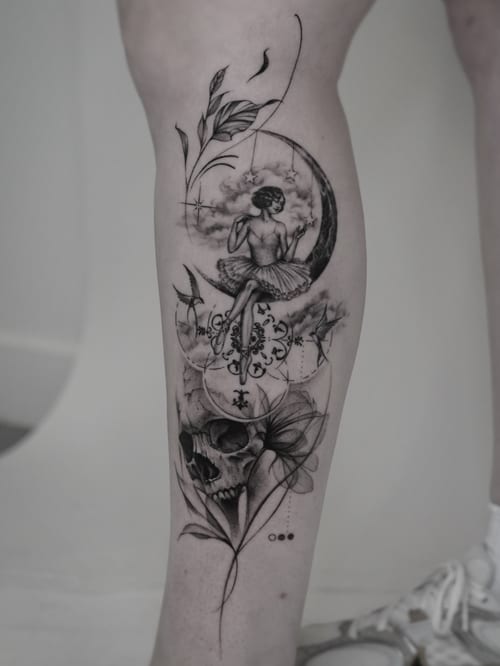 A black and grey tattoo of a woman sitting on a crescent moon with a skull and floral elements on the leg, featuring fine line and surreal details — by Jian Liang, los angeles
