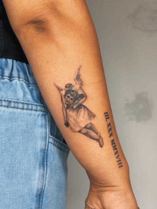black & grey angel tattoo — by lunayflorestattoo, los angeles